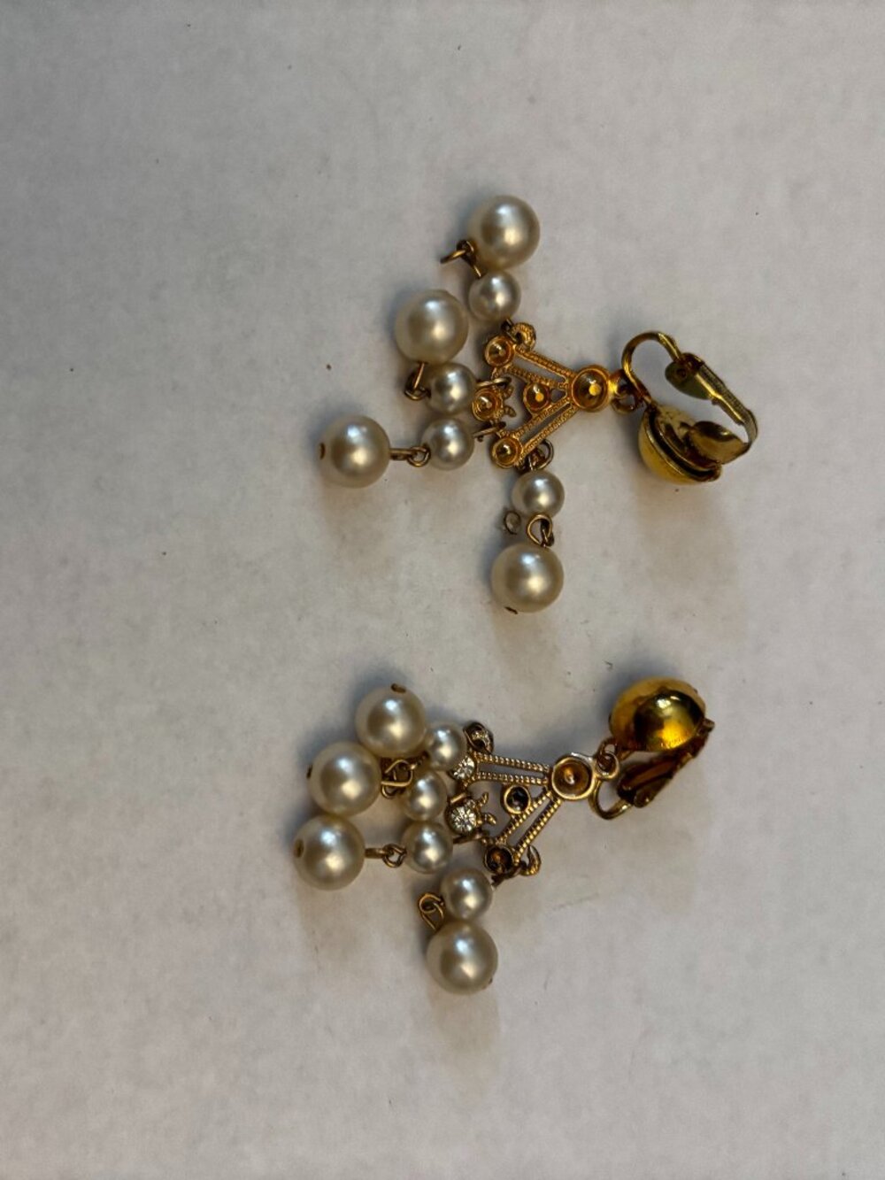 Clip on earrings gold tone filigree pearls dangles